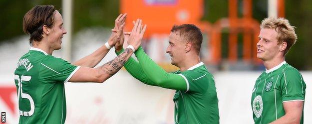 Stefan Johansen and Leigh Griffiths celebrate their goals for Celtic