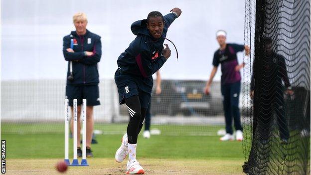 Jofra Archer bowling in the nets at Old Trafford