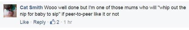 Cat Smith: "Wooo well done but I'm one of those mums who will "whip out the nip for baby to sip" if peer-to-peer like it or not".