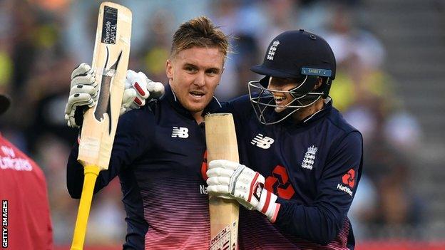 Jason Roy celebrates his century with Joe Root