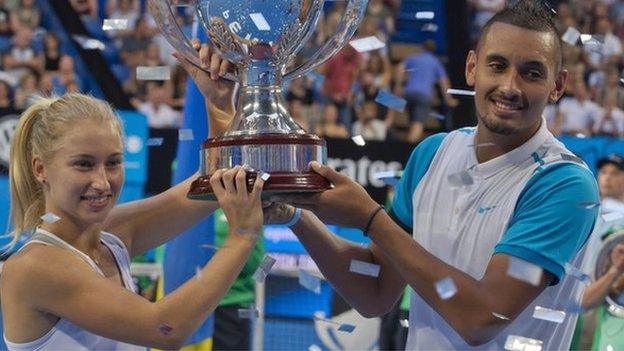 Daria Gavrilova and Nick Kyrgios lifting the Hopman Cup