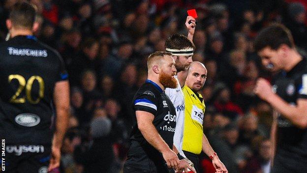 Ross Batty is shown a red card late in Bath's defeat by Ulster