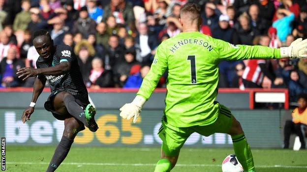 Sadio Mane of Liverpool shoots against Dean Henderson of Sheffield United