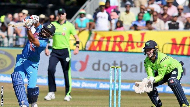 India's Suresh Raina plays a shot as Ireland's Gary Wilson keeps wicket at Malahide