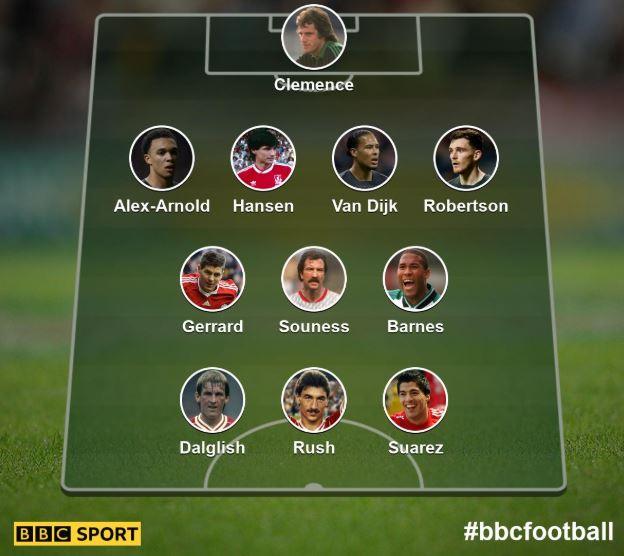 Graphic showing all-time Liverpool XI - Clemence; Alexander-Arnold, Hansen, Van Dijk, Robertson; Gerrard, Souness, Barnes, Dalglish, Rush, Suarez