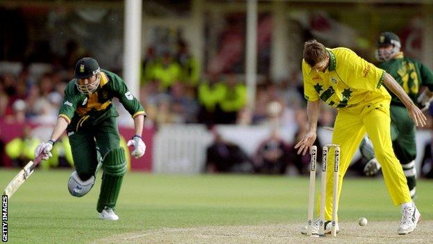 Glenn McGrath in action for Australia against South Africa at the 1999 World Cup