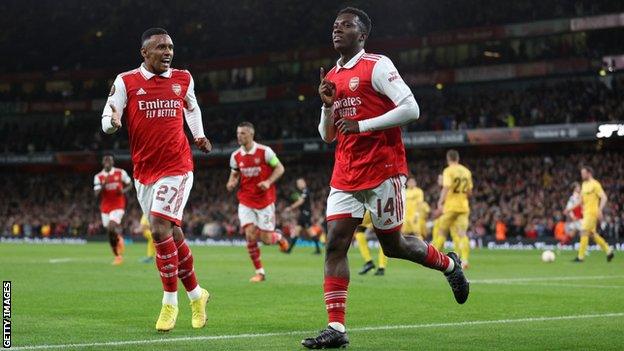 Eddie Nketiah celebrates scoring for Arsenal