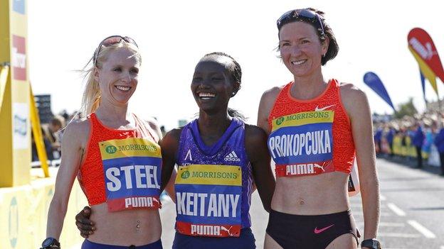 Mary Keitany celebrated her win with Great Britain's Gemma Steel, who came second, and Jelena Prokopcuka from Latvia