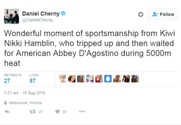 "Wonderful moment of sportsmanship from Kiwi Nikki Hamblin, who tripped up and then waited for American Abbey D'Agostino during 5000m heat" - tweet by Daniel Cherny