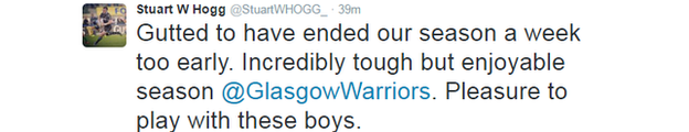 A Stuart Hogg tweet after Glasgow's defeat