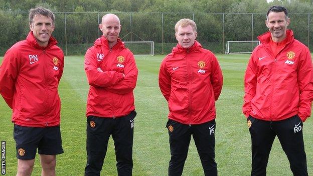 Phil Neville, Nicky Butt, Paul Scholes and Ryan Giggs in charge of Manchester United in April 2014