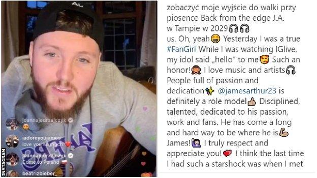 Picture of James Arthur during an Instagram Live, with a comment from Joanna Jedrzejczyk