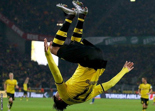 Pierre-Emerick Aubameyang celebrates scoring for Borussia Dortmund against Ingolstadt