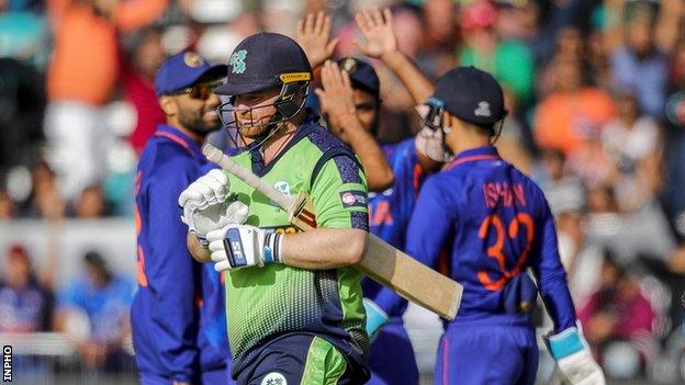 India players celebrate taking the wicket of Ireland opener Paul Stirling on Tuesday