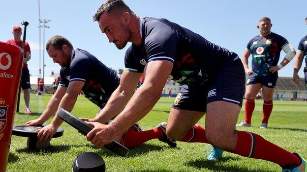 Ken Owens (left) and Ronan Kelleher train at the British and Irish Lions training camp in Jersey