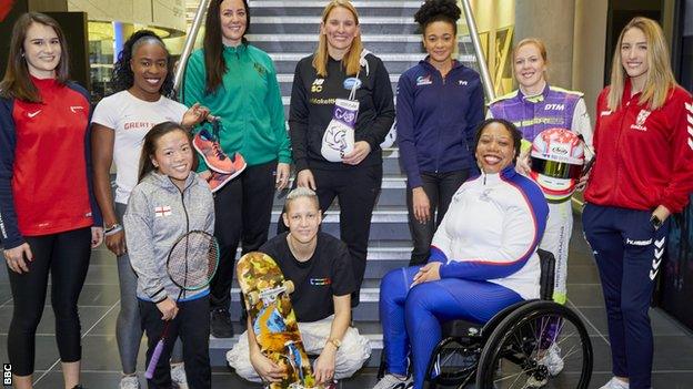 (l-r) Georgina Roberts (shooting), Marilyn Okoro (athletics), Rachel Choong (Para-badminton), Siobhan Prior (basketball), Lucy Adams (skateboard), Stacey Copeland (boxing), Alice Dearing (swimming), Alice Powell (motor racing), Caitlin Beevers (rugby league), Vanessa Wallace (Para-shot put)