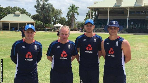 Sam Hain played in Antigua for coach Mick Newell (second left) alongside two other England Lions debutants, Lancashire's Matt Parkinson (left) and Derbyshire's Matt Critchley (second right)