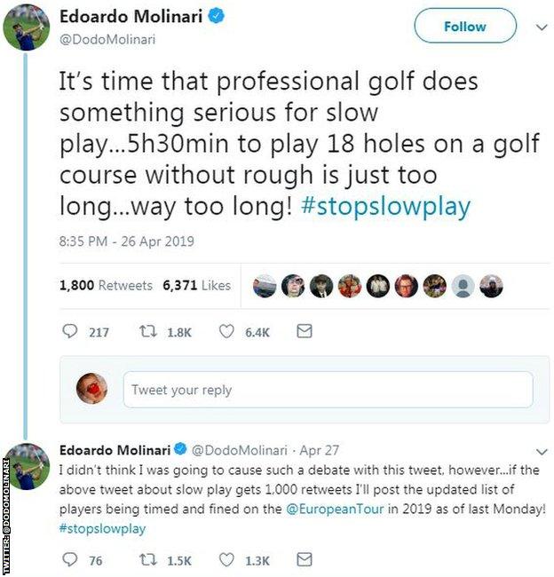 Tweet from Eduardo Molinari about slow play at the Trophee Hassan II event on the European Tour