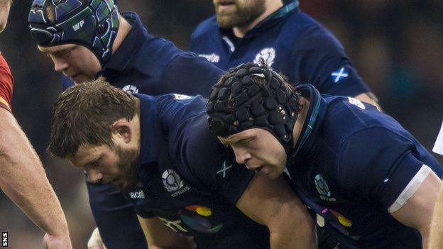 Scotland's front row of (from right to left) Al Dickinson, Ross Ford and WP Nel