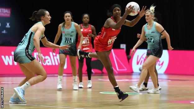 Sasha Corbin of Saracens Mavericks in action during the Vitality Netball Superleague Season Opener between Surrey Storm and Saracens Mavericks