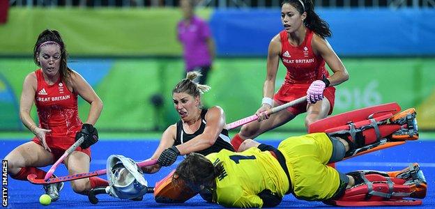 Maddie Hinch making a save in the semi-final against New Zealand