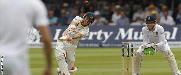 David Warner skies a catch at Lord's