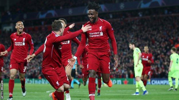 Liverpool striker Divock Origi celebrates scoring against Barcelona in the semi-final of the Champions League