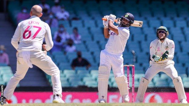 India batsman Rishabh Pant drives Nathan Lyon during day five of the third Test