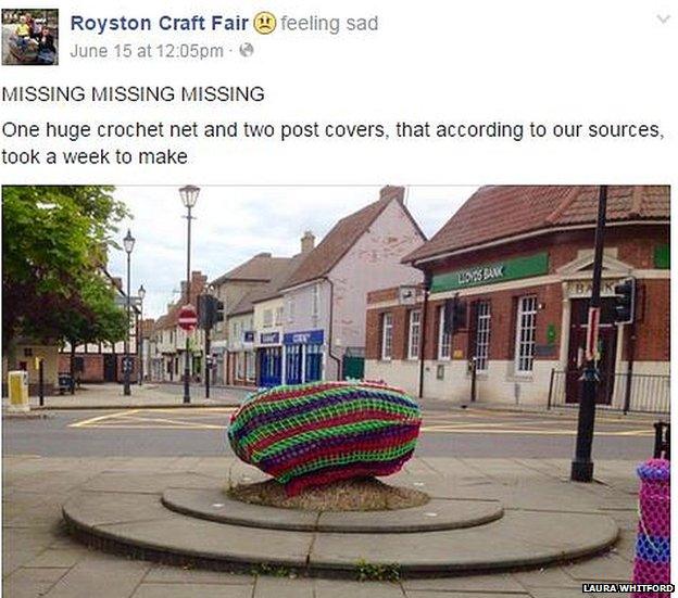 "Missing" yarn bomb post on Facebook