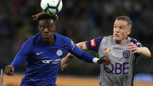 Tammy Abraham playing for Chelsea against Lyon