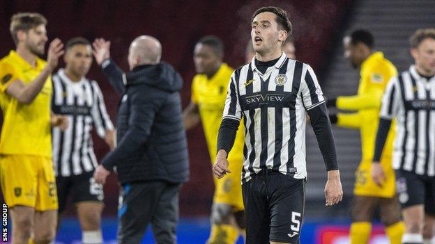 St Mirren's Conor McCrathy looks dejected at full time during the League Cup semi-final between Livingston and St Mirren at Hampden