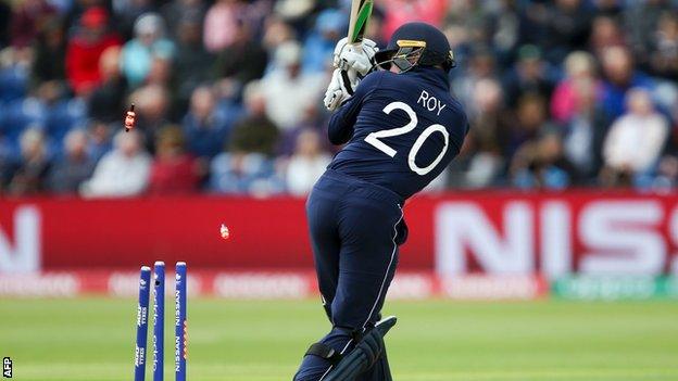 Jason Roy is bowled against New Zealand on Tuesday