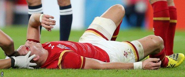 Wales full-back Liam Williams receives treatment at Twickenham