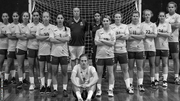 Hannah Mouncey is pictured among the Australian women's handball team