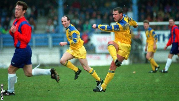 Paul Byrne in action for Bangor in the 1993 Irish Cup Final against Ards, which went to a second replay