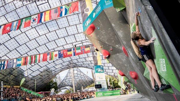 Great Britain's Shauna Coxsey competes during final of the 2017 IFSC Climbing World Cup in Munich