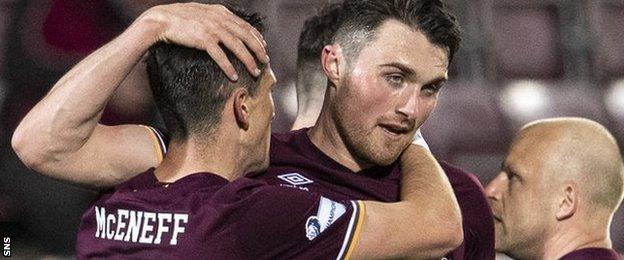 Aaron McEneff celebrates with John Souttar