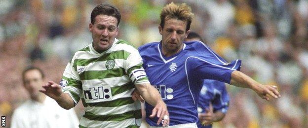 Paul Lambert races for the ball with Rangers winger Neil McCann