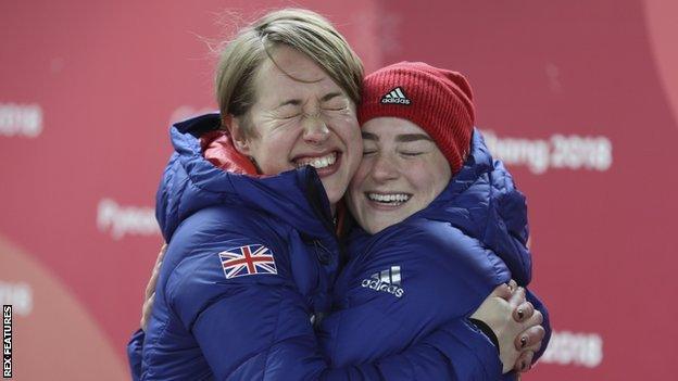 Laura Deas (right) celebrates Olympic bronze with Lizzy Yarnold who took the gold for GB at Pyeongchang 2018