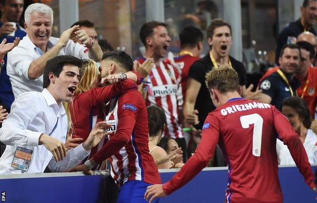 Yannick Carrasco celebrates scoring for Atletico Madrid against Real Madrid in the 2016 Champions League final