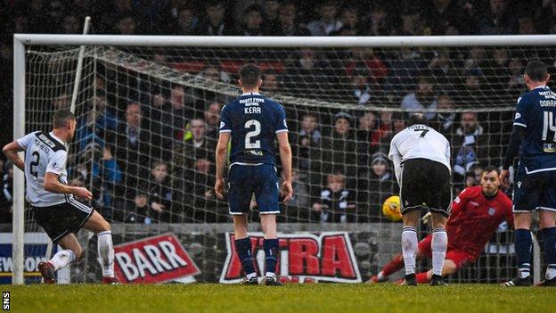 Ayr's Aaron Muirhead (left) misses a second half penalty