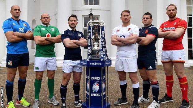 The captains of all Six Nations rugby teams line up with the trophy at the tournament launch in London on 25 January