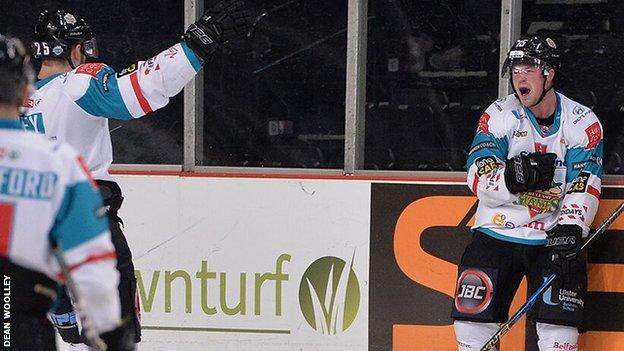 Blair Riley celebrates with Giants scorer Darcy Murphy as he makes it 3-1 against the Steelers