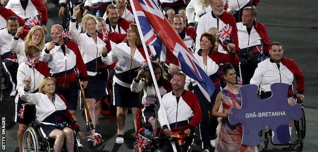 Equestrian rider Lee Pearson leads out the ParalympicsGB team at the Rio opening ceremony