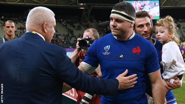 Warren Gatland with France captain Guilhem Guirado after their Rugby World Cup 2019 quarter-final