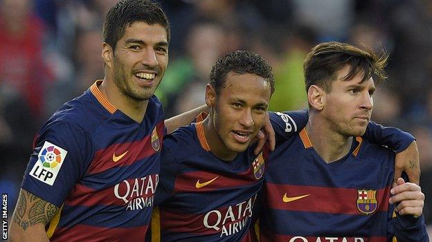 Luis Suarez (left), Lionel Messi (right) and Neymar