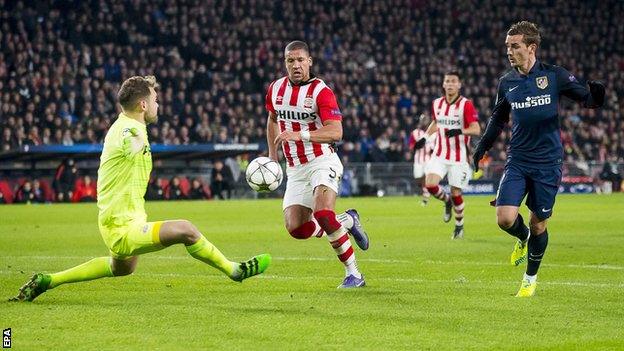 Atletico Madrid forward Antoine Griezmann is denied by PSV Eindhoven keeper Jeroen Zoet