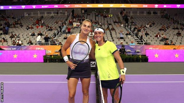 Aryna Sabalenka and Ons Jabeur before their WTA Finals match in Fort Worth, Texas