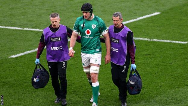 James Ryan helped off the Twickenham pitch