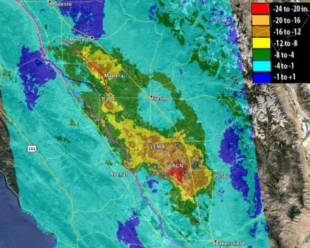 NASA map of ground subsidence in San Joaquin Valley